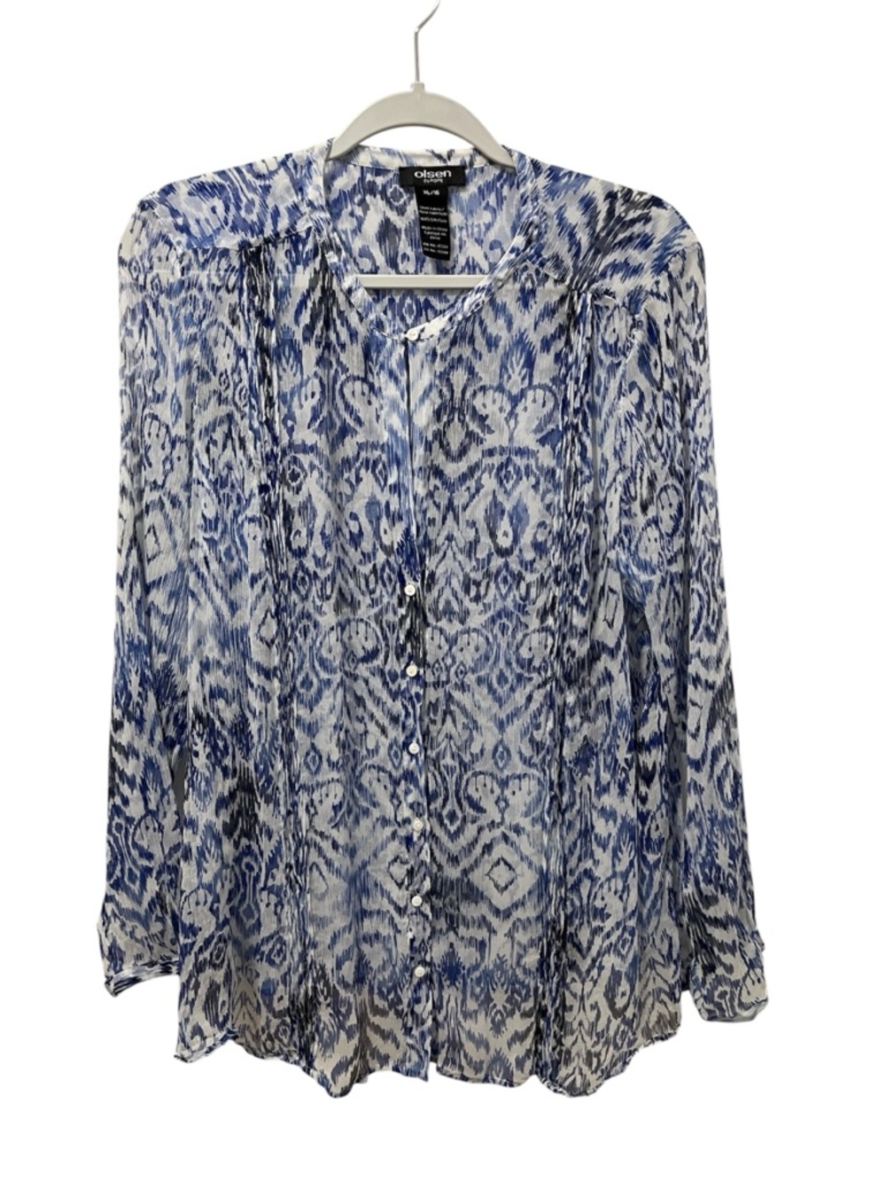 Olsen Europe Blue & White Ikat Print Silk Blouse  XL